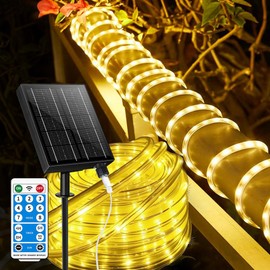 Larger Tube Solar Rope Lights 200LEDs Waterproof,Rechargeable Battery,Dual Charging,39FT Outdoor String Light,Remote-Control,for Pathway Patio Garden Palm Tree Christmas (Brighter - Warm White)