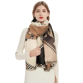 Aurolran Scarfs for Women Pashmina Silky Shawl Wrap for Evening Dressing Blanket Open Front Poncho Cape (SCF002-Beige-brown-horse)