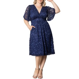 Kiyonna Plus Size Starry Sequin Lace Midi Cocktail Dress | Party, Holiday, & Wedding Guest Dress | Nocturnal Navy Blue |Size 0X (10-12)