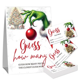 Christmas Green Hand Party Games for Families,Candy Guessing Raffle Cards Kits,(1 Standing Sign & 50 Guessing Cards),Holiday Party Games Gifts for Adults,Christmas Game Party Decorations-3
