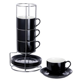 CHILDIKE 8 Ounce Porcelain Cappuccino Cups with Saucers and Silver Stand, Black Cups Set of 4
