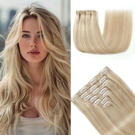 HotLulana Clip-In Real Hair Extensions, 7 Pieces, 35 cm, Invisible Extensions, Real Hair, Remy Real Hair Extensions, 14 Inches, 80 g, Clip Extensions, Skin Weft Hair Extensions, P18K/613#