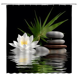 ZNLSU Spa Lotus Shower Curtain White Lotus Flower Black Stones Water Lily Floral Green Plam Leaves Japanese Style Relax Nature Bathroom Decor Fabric Bathroom Sets with Hooks
