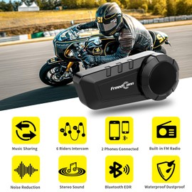 FreedConn Motorcycle Bluetooth Headset KY PRO - Motorcycle Communication Systems Bluetooth 5.0 1200m 6 Riders Bluetooth Helmet Speakers GPS/Hard&Soft Mic/Stereo Music/Waterproof/Universal Pairing 2PCS