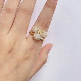 Dainty Lady Mouse Statement Ring for Women Stainless Steel Crystal CZ Mice Animal Cartoon Bow Knot Adjustable Open Rings Friendship Eternity Wedding Finger Band Cute Jewelry Gifts Birthday (Gold)