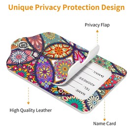 2 Pack Luggage Tag for Suitcase, Cute Unique Leather Bag Tags Identifiers Privacy Cover ID Label with Durable Steel Loop for Women Men Kids Girls Travel, Bohemia