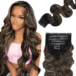 IDN BEAUTY Seamless Clip In Hair Extensions Human Hair, Body Wave 16 Inch 110g 7pcs, 1B/6/1B Balayage Natural Black to Chestnut Brown Remy Hair Seamless Clip Ins For Black Women PU Invisible Edge