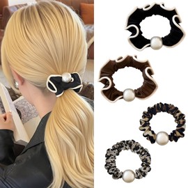 PUSCOBSY Leo Haargummi für Damen, Perlen Elastisch Stoff Scrunchie Haargummis, Klein Haarschonende Scrunchies für Dünnes und Dickes Haar, 4 Stück Schwarz Braun Leopardenmuster