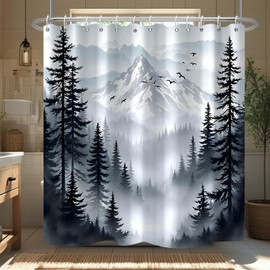 TYLCLTX Grey Forest Pine Shower Curtain Mountain Birds Misty Scenery Shower Curtain Waterproof Fabric for Bathroom Decor 72x72 inch