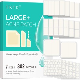 TKTK Large Pimple Patches for Face, 7 Sizes XL Acne Patches, Big Hydrocolloid Bandages for Body, Chin, Forehead, Chest, Back Zit Breakouts, Hydrocolloid Patch (Strip, Square, Dot 302 Count)