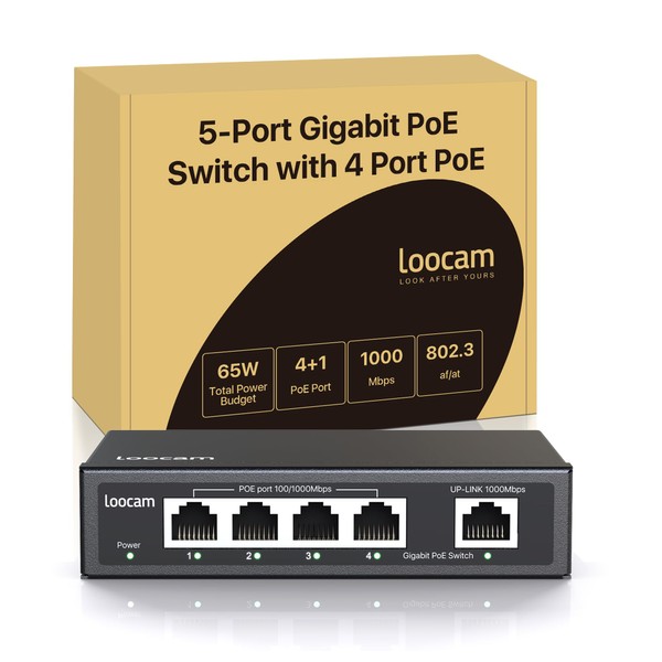 Loocam 5 Port Gigabit PoE Switch, 4 PoE+ Port with 1 Uplink Gigabit Port, 1000 Mbps Unmanaged Ethernet Switch for 65W, IEEE802.3af/at, Metal Housing, Table or Wall Mounting, Plug & Play