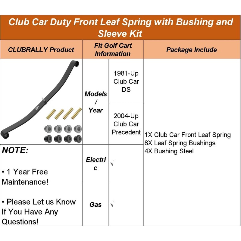 CLUBRALLY Club Car Golf Cart Front Leaf Springs with Bushing