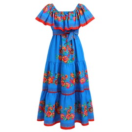 Women Mexican Dress Off Shoulder Floral Long Maxi Dress Summer Beach Party Cinco de Mayo Dresses Blue M