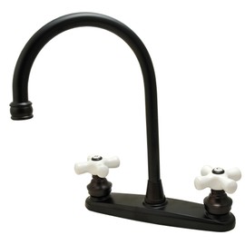8" Kitchen Deck Faucet, 2-handle, Washerless Cartridge - By PlumbUSA (Oil Rubbed Bronze Porcelain Handles (With Sprayer))
