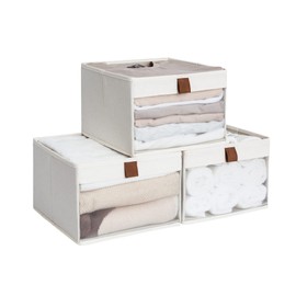 StorageWorks Closet Storage Bins with Clear Window and 2 Handles, Foldable Clothing Bins for Shelves, Fabric Organizer, Beige, 3 Pack