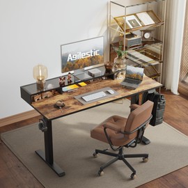 Agilestic Glass Standing Desk with Storage, 48 Inch Electric Adjustable Desk with Glass Shelf, Sit Stand Up Home Office Computer Table, Splice Board, Rustic Brown