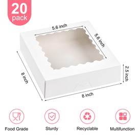 Kucoele 20 PCS Pie Boxes, 8 x 8 x 2.5 Inches Bakery Boxes with Window, Auto-Popup Cookie Boxes White Treat Boxes for Chocolate Strawberries, Pastries, Muffins, Donuts