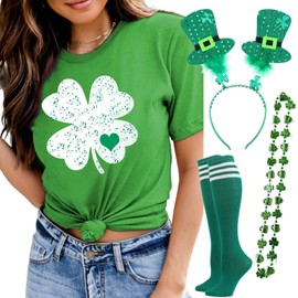 YOKVAN St Patricks Day Women Short Sleeve Summer T-Shirts Lucky Shamrock Funny Easy Costume Accessories Set (2# Clover Green, Small)