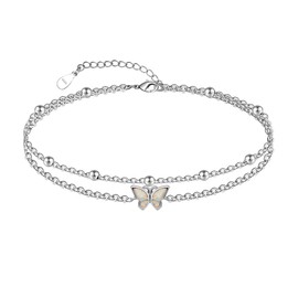 CHIC & ARTSY Butterfly Anklet 925 Sterling Silver Created Opal Butterfly Anklet Bracelet Double Layer Butterfly Anklet Chain Butterfly Anklet Boho Butterfly Layered Anklet Bracelet