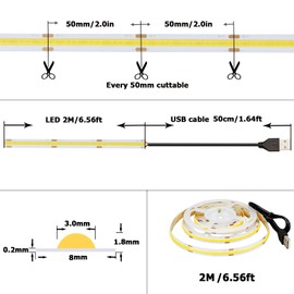 KXZM DC 5V USB COB LED Strip Light Warm White 3000K IP20 Not Waterproof CRI 93+ USB Powered 6.6ft/2M 640LEDs High Brightness Flexible LED Tape Lights