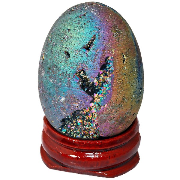 mookaitedecor Druzy Agate Geode Specimen, Rainbow Titanium Coated Quartz Crystal Egg Figurines with Wood Stand