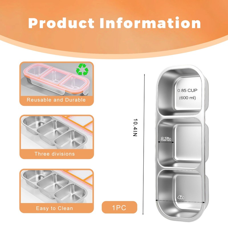 Shimmerz Stainless Steel Snack Container, Reusable 3 Compartment Spice Box