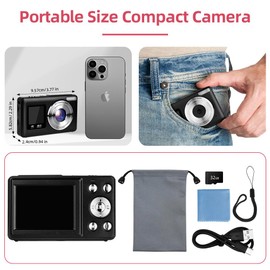 Ainiv Digital Camera, 4K Compact Digital Camera with 32G TF Card, HD 48MP, Front and Rear Dual Cameras, 2.4" + 1.3" Dual Screen, 18X Digital Zoom, Portable Camera for Kids, Adults, Beginners（Black）