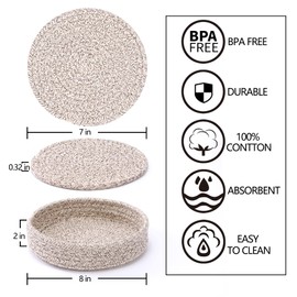 Coga Trivets for Hot Dishes, Trivets for Hot Pots and Pans, 7 Inchs Hot Pads 4 Pcs and Storage Basket for Countertops, Pot Holders for Kitchen, Cotton Table Protector Hot Mats Heat Resistant (Brown)