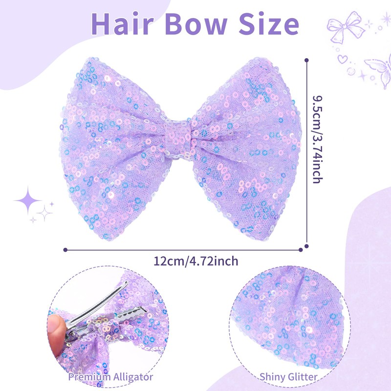 5" Glitter Purple Hair Bows for Girls Alligator Clips Sparkly