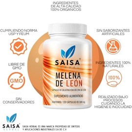 SAISA HERBAL Melena de León,120 Cápsulas  Memoria, Concentración, Bienestar Cognitivo  Suplemento Natural Calidad Premium