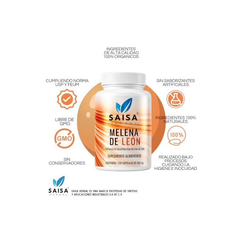 SAISA HERBAL Melena de León,120 Cápsulas Memoria, Concentración, Bienestar Cognitivo