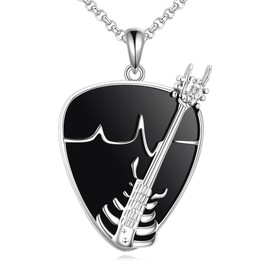 POPLYKE Sterling Silver Black Guitar Pick Music Pendant Necklace Music Lovers Gifts Gothic Jewelry for Women Her