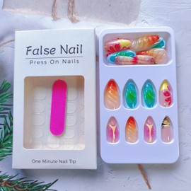 Handmade 3D Press on Nails Medium Almond Green Orange Fake Nails with Lemon Fruit Designs Neon Gel Acrylic Nails Summer Cute False Nails Colorful Glue on Nails French Stick on Nails for Women 24Pcs