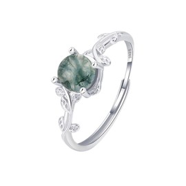 Yarrzhen Natural Moss Agate Ring 925 Sterling Silver Round opening adjustable Green Moss Agate Ring Promise Ring Engagement Wedding Jewelry Gift for Women