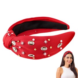 CAVETEE Football Headband for Women, Red Wide Rhinestone Pearl Football Embellished Knotted Headband, Top Knot Hairband Headpiece Game Day Sports for Football Sports Fan Gifts