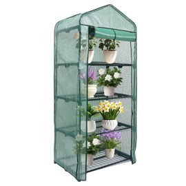 MaxWorks 51962 4 Tier Mini Greenhouse 63'' H x 27'' L x 19'' W PE Cover with UV Protection Green Indoor Outdoor Gardening Roll Up Zipper Door Grow Seedlings and Seeds Portable