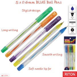 RITON Lucky 5 x 0.6mm Soft Needle Tip BLUE Ballpoint Pens Long Smooth Writing