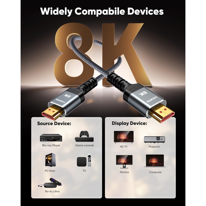 8K HDMI Cable 7.5M, HDMI 2.1 Cable, HDMI 4K 120Hz,