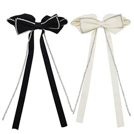 2 PACK Hair Bows Sparkly Rhinestone Tassel Hair Clips Barrettes Bowknot with Long Brocade Tassel Ribbon Claw Hair Accessories for Women and Girls (Black and White)