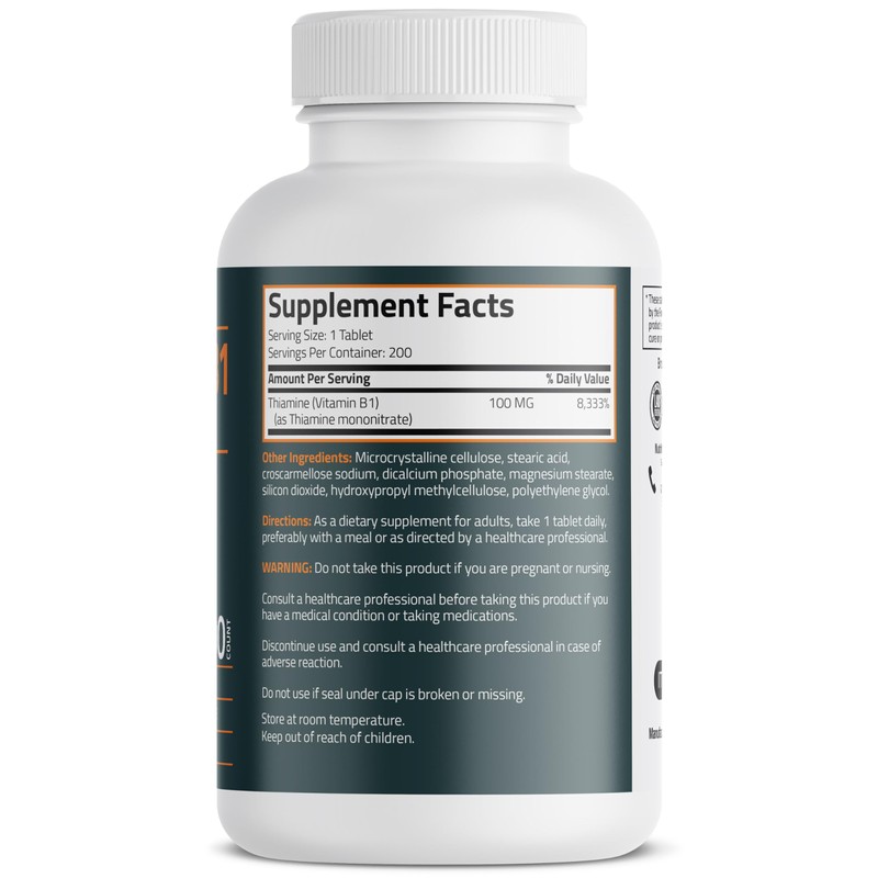 Bronson Vitamin B1 100 MG, Non-GMO, 200 Vegetarian Tablets