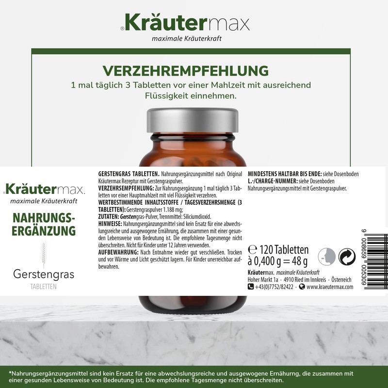 Kräutermax Barley Grass Powder Tablets Pure Barley Grass Tablets Natural
