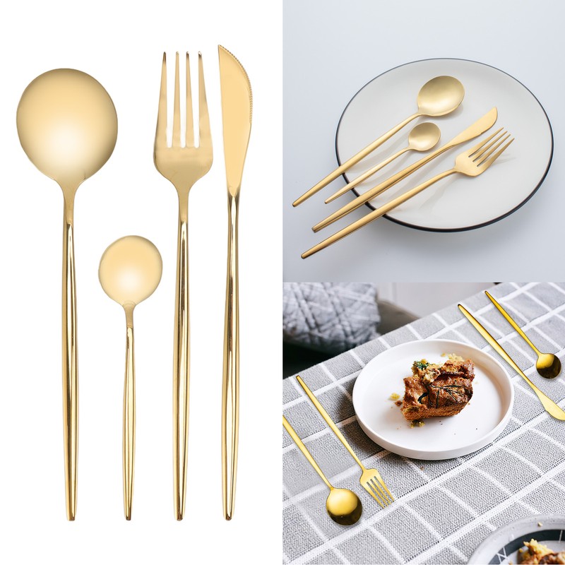 24Pcs Gold Silverware Set Knife Fork Spoon Rustproof Stainless Steel