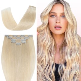 TESS Blonde Real Hair Extensions Clip, 5 Pieces Double Wefts #70 Platinum Blonde Clip-In Extensions Real Hair Straight Remy Real Hair 70 g 45 cm Hair Extensions Real Hair Clip