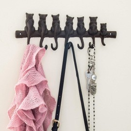 7 Cats Cast Iron Wall Hanger - Decorative Cast Iron Wall Hook Rack - Vintage Design Hanger with 7 Hooks - Wall Mounted | 12.4 x 3.9” - with Screws and Anchors