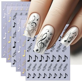 6 Sheets Musical Note Nail Art Stickers Gold Silver Black Piano Notes Nail Decals 3D Self-Adhesive Music Nail Supplies Note Nail Stickers for Women Girls DIY Manicure Nail Decoration