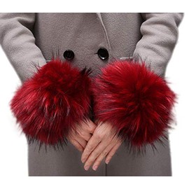 Tngan Winter Faux Fur Arm Warmers Short Furry Wrist Band Ring Cuff for Women Burgundy