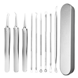 Precision Tweezers Square Tweezers (Set of 8) 0.004 inch (0.1 mm) Wide Tips, Extra Fine, Acne Remover, Blackhead Removal, Pore Care, Precise Work, Square Plug, Restores Clean Pores, Portable and