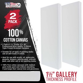 U.S. Art Supply Medium Stretched Canvas for Painting 12x36 inch Gallery Depth 1-1/2" Thick, 2-Pack - 12oz Acrylic Gesso Triple Primed, Professional Artist Quality, 100% Cotton - Oil, Pouring Paint