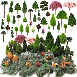 OrgMemory 45 Pcs Animal Tree, Moss, Forest Animals Figures, Plastic Trees for Projects, Model Train Scenery with No Bases, Miniature Trees Diorama Hobby Train Scenery