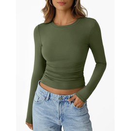 Trendy Queen Womens Long Sleeve Shirts Crop Tops Fall Fashion 2025 Going Out Basic Winter Clothes Army Green M
